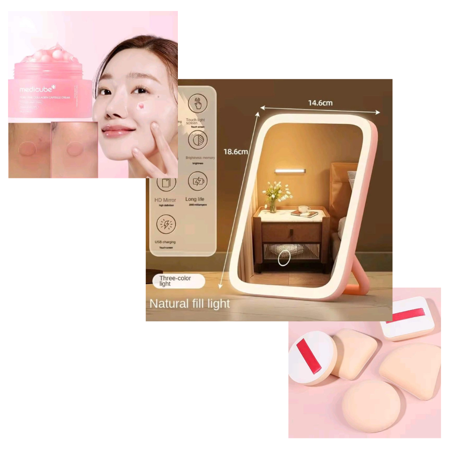 Daily Essential LED Vanity Mirror with Lights + Free 2 beauty Sponges+ free Skincare Cream